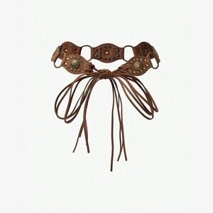 Brown Studded Concho Belt with Fringe Tie Front